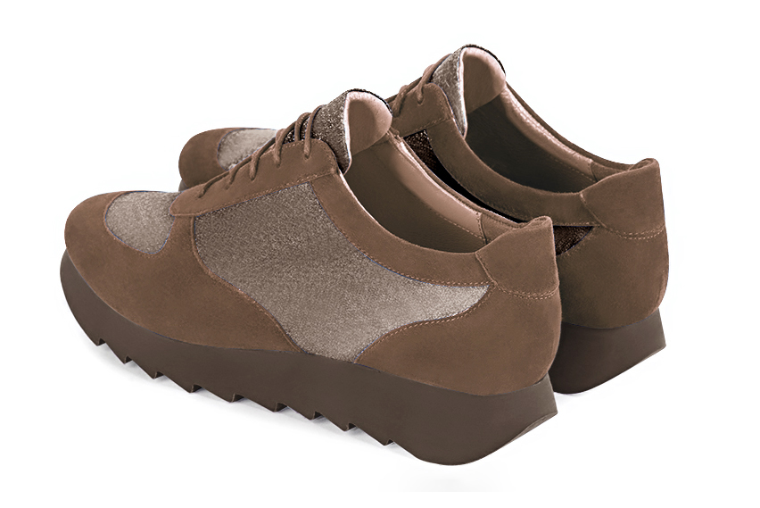 Chocolate brown and bronze gold women's elegant sneakers. Round toe. Low rubber soles. Rear view - Florence KOOIJMAN